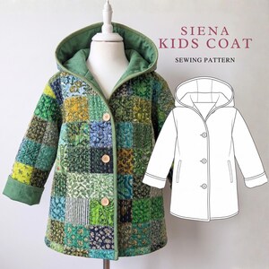 May include: A quilted kids coat featuring a patchwork of green, blue, and yellow fabric squares with a hood and three wooden buttons. The text SIENA KIDS COAT SEWING PATTERN is visible, alongside a black and white line drawing of the coat.