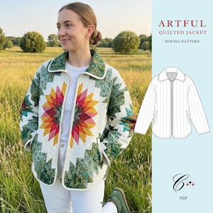 Könnte beinhalten: Eine Steppjacke mit farbenfrohem Blumenmuster. Die Jacke hat eine weiße Basis mit einem geometrischen Muster in Grüntönen und eine große, lebendige Blume in der Mitte. Die Jacke hat einen Reißverschluss und einen Kragen. Der Text "ARTFUL QUILTED JACKET SEWING PATTERN" ist sichtbar.