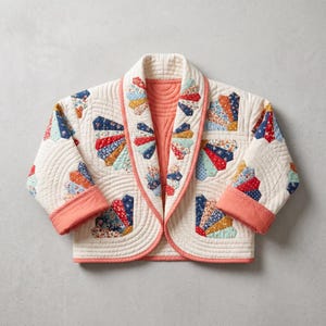 Può includere: Una giacca trapuntata con base color crema e un motivo patchwork a ventaglio in varie stampe floreali e geometriche. Il capo presenta maniche lunghe con polsini in tinta corallo, un colletto a scialle e bordi rifiniti in color corallo.