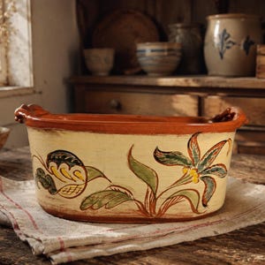Signed Welden Pottery Redware Casserole Dish Pennsylvania Dutch Folk Art Floral Bowl Quote