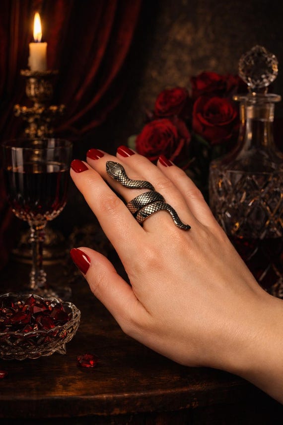 Gothic Serpent Wrap Ring, Silver Tone Snake State… - image 1