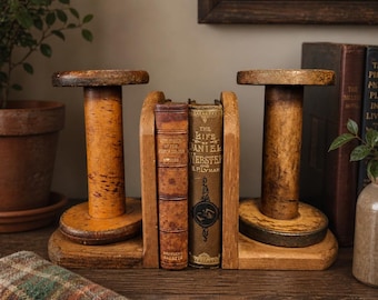 Set boekensteunen met houten spoel – Habersham Plantation – Rustieke boerderij bibliotheekdecor – Houten draadspoelen Boekhouders