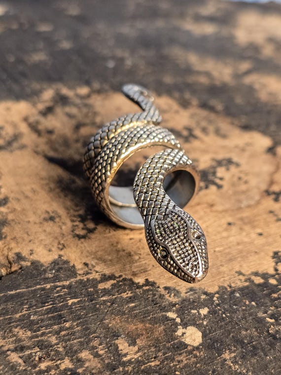Gothic Serpent Wrap Ring, Silver Tone Snake State… - image 9