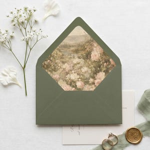 Romantic Garden A7 Envelope Liner Template, Printable Wedding Green Floral Landscape Envelope Insert