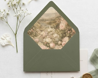 Plantilla de forro de sobre A7 con diseño de jardín romántico, inserto imprimible para sobre con paisaje floral verde para bodas