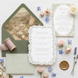 May include: A wedding invitation suite featuring a sage green envelope with a floral landscape liner, a scalloped-edge invitation card, an RSVP card, and a details card, all accented with pink roses, blue cornflowers, and lavender sprigs.