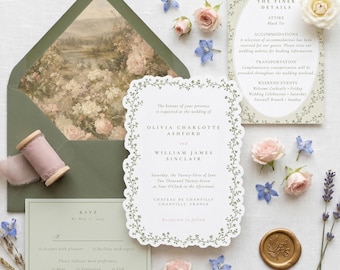 Conjunto de invitaciones de boda románticas con temática de jardín: plantilla con elegante diseño de borde floral y forma personalizada con borde festoneado.