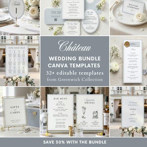 Dusty Blue Wedding Bundle – Chateau Estate Formal French Design, Editable Canva Templates, Greenwich