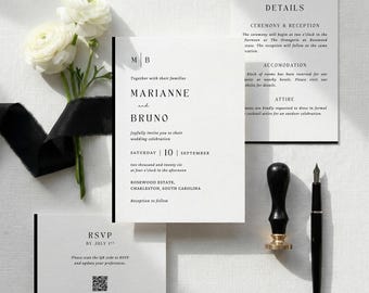 Plantilla de invitación de boda minimalista de etiqueta negra (Canva), invitación formal elegante