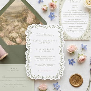 Conjunto de invitaciones de boda románticas con temática de jardín: plantilla con elegante diseño de borde floral y forma personalizada con borde festoneado. imagen 7