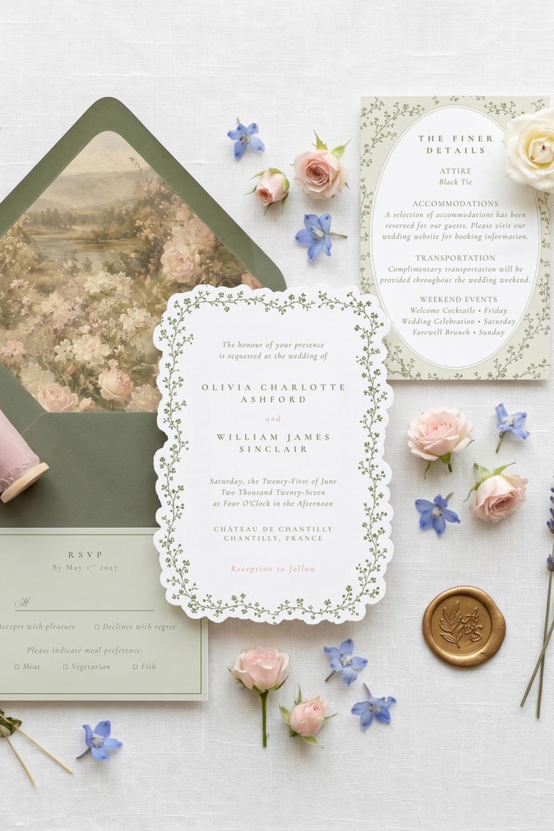 Conjunto de invitaciones de boda románticas con temática de jardín: plantilla con elegante diseño de borde floral y forma personalizada con borde festoneado. imagen 7