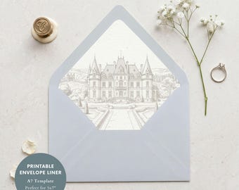 Plantilla de forro de sobre con ilustración de castillo, inserto de boda con delicado boceto (imprimible en tamaño A7)