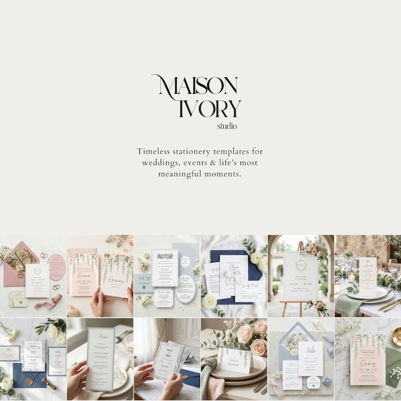 Conjunto de invitaciones de boda románticas con temática de jardín: plantilla con elegante diseño de borde floral y forma personalizada con borde festoneado. imagen 6