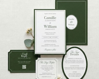 Old Money Emerald Wedding Invitation Suite Template, Classic Elegant Green Formal Heritage Invite (Canva)