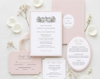 Conjunto de invitaciones de boda en rosa empolvado – Plantilla de diseño francés formal estilo castillo en Greenwich