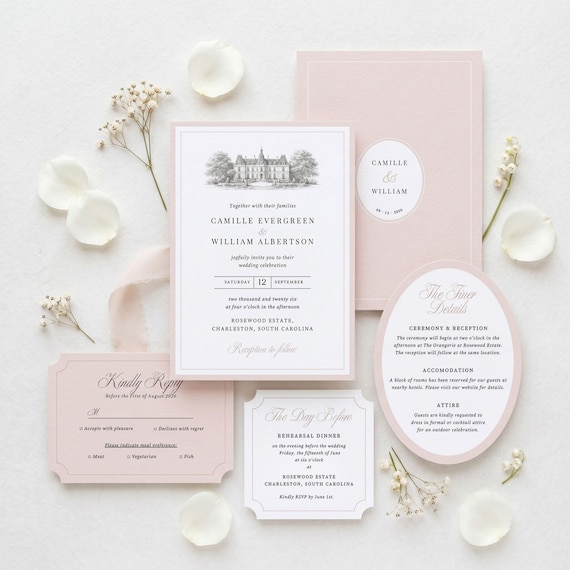 Powder Pink Wedding Invitation Suite – Chateau Estate Formal French Design Template Greenwich