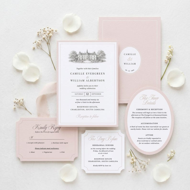 May include: A selection of wedding stationery in pale pink and white. The invitation card features a detailed illustration of a stately home. Other cards include RSVP, rehearsal dinner, and details cards. Floral accents complete the design.