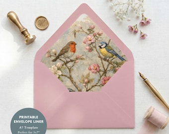 Plantilla vintage para forro de sobre con diseño floral de pájaros, inserto para boda DIY en rosa rubor (imprimible en tamaño A7)