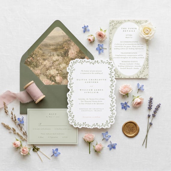Romantic Garden Wedding Invitation Suite – Elegant Floral Border Design Template, Scalloped Edge Custom Shape