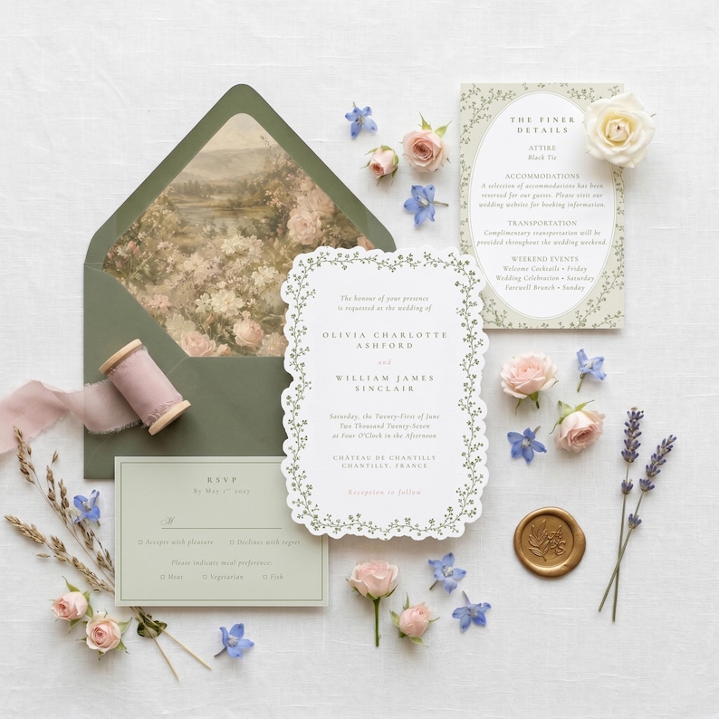 Puede incluir: Un conjunto de invitaciones de boda que incluye un sobre verde salvia con un forro de paisaje floral, una tarjeta de invitaci&oacute;n con bordes festoneados, una tarjeta RSVP y una tarjeta de detalles, decoradas con rosas rosas y acianos.