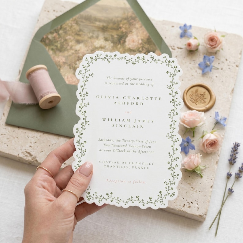 Puede incluir: Una tarjeta de invitaci&oacute;n de boda blanca con borde festoneado y un borde de enredadera floral verde. El texto dice: The honour of your presence is requested at the wedding of Olivia Charlotte Ashford and William James Sinclair, 21 de junio de 2027.