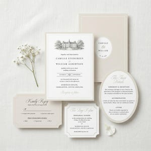 May include: Elegant wedding invitation suite featuring a main invitation with a detailed illustration of a stately home. Includes RSVP, details, and rehearsal dinner cards. The color palette is neutral with a touch of beige and gray.