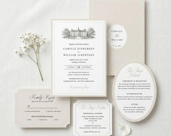 Conjunto de invitaciones de boda color champán beige – Plantilla de diseño francés formal estilo castillo en Greenwich