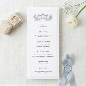 Embossed Border Wedding Menu Card Template, Elegant Chateau Venue Illustration, Editable Canva Chantilly