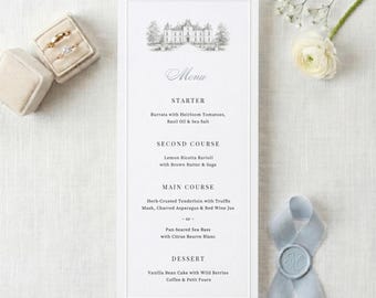 Plantilla de tarjeta de menú de boda con borde en relieve, ilustración de elegante castillo para lugar de celebración, editable en Canva Chantilly.