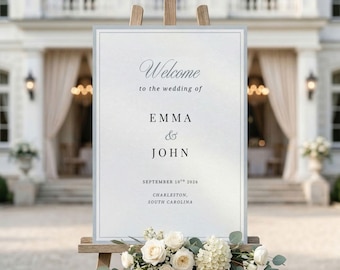Plantilla de Canva para cartel de bienvenida de boda en azul empolvado: diseño francés formal con borde azul, #greenwich