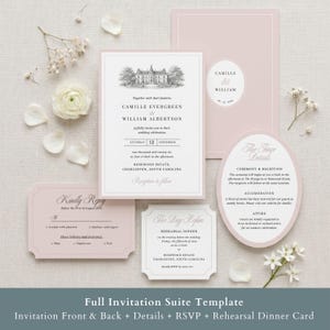 May include: A wedding invitation suite in soft pink and white, including an invitation, RSVP, details, and rehearsal dinner cards. The main invitation card features a detailed illustration of a grand building, with elegant typography.