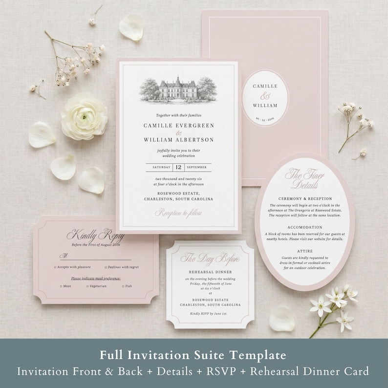 May include: A wedding invitation suite in soft pink and white, including an invitation, RSVP, details, and rehearsal dinner cards. The main invitation card features a detailed illustration of a grand building, with elegant typography.