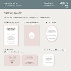 May include: A wedding invitation suite in blush pink and white. The set includes a 5x7" invitation front and back, a 4x5.5" details card, a 5x3.5" RSVP card, and a 3.5x3.5" rehearsal dinner card. The text "Editable in Canva" is visible.