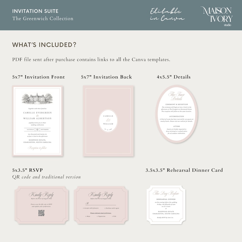 May include: A wedding invitation suite in blush pink and white. The set includes a 5x7" invitation front and back, a 4x5.5" details card, a 5x3.5" RSVP card, and a 3.5x3.5" rehearsal dinner card. The text "Editable in Canva" is visible.