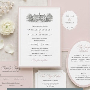 May include: A set of wedding invitation cards in pink and white. The main card displays a detailed drawing of a grand building and the names Camille Evergreen and William Albertson. The text "Wedding Invitation Editable Canva Template Printable" is at the bottom.