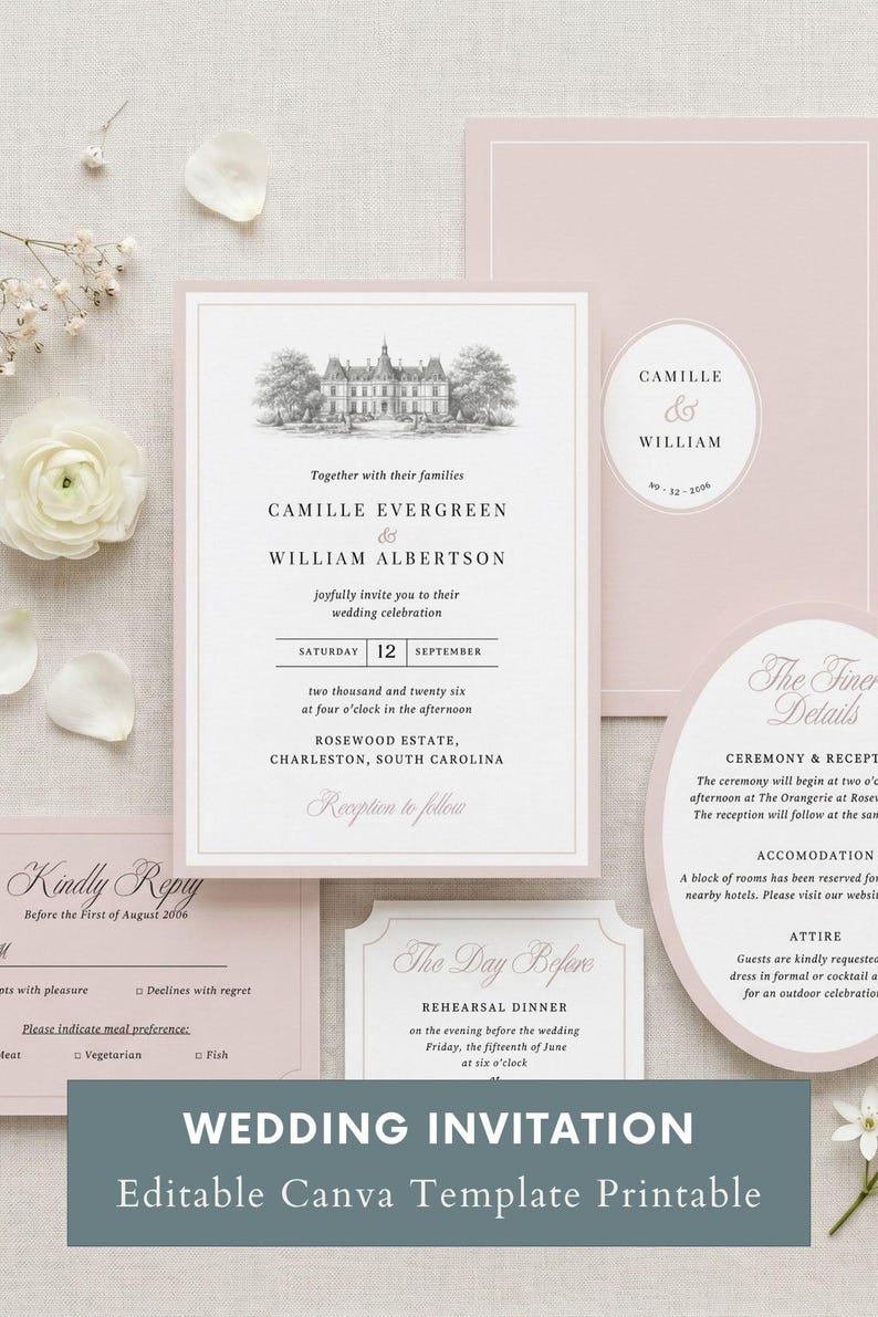 May include: A set of wedding invitation cards in pink and white. The main card displays a detailed drawing of a grand building and the names Camille Evergreen and William Albertson. The text "Wedding Invitation Editable Canva Template Printable" is at the bottom.