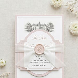 May include: A pink and white wedding invitation with a detailed illustration of a grand building. The invitation includes the text "WEDDING INVITATION" and "Editable Canva Template Printable". A white ribbon and a wax seal add elegance to the design.