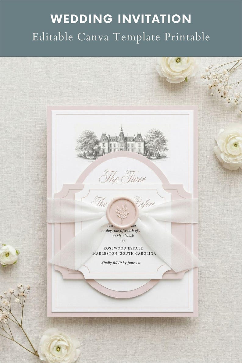May include: A pink and white wedding invitation with a detailed illustration of a grand building. The invitation includes the text "WEDDING INVITATION" and "Editable Canva Template Printable". A white ribbon and a wax seal add elegance to the design.