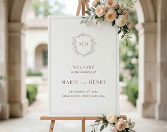 Plantilla de Canva para cartel de bienvenida de boda con escudo rosa rubor #blushheritage