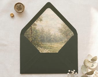 Plantilla de forro para sobre Vintage Meadow A7, inserto imprimible para sobre de boda con paisaje en acuarela.