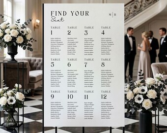 Plantilla editable de Canva para plano de asientos de boda minimalista, etiqueta formal, colección Noir Estate (descarga digital)