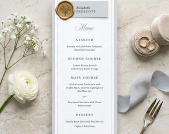 Plantilla de tarjeta de menú de boda azul empolvado, borde francés elegante, Canva, Greenwich