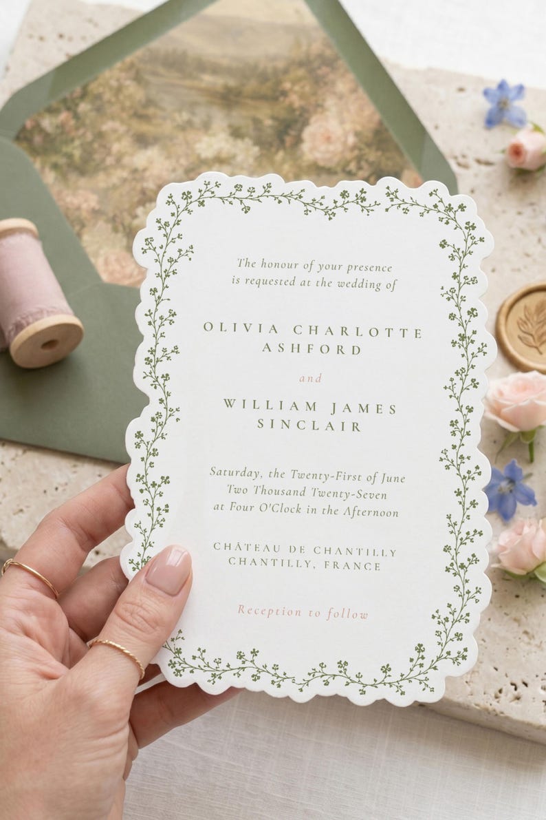 Puede incluir: Una tarjeta de invitaci&oacute;n de boda blanca con borde festoneado y un borde de enredadera bot&aacute;nica verde. El texto dice: The honour of your presence is requested at the wedding of Olivia Charlotte Ashford and William James Sinclair, 21 de junio de 2027.