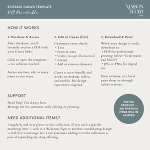 May include: A digital template for Canva, with instructions on how to purchase, edit, and download. The text includes "EDITABLE CANVA TEMPLATE" and "DIY Printable." A circular badge states "DIGITAL PRODUCT - NO PHYSICAL ITEMS WILL BE SHIPPED."