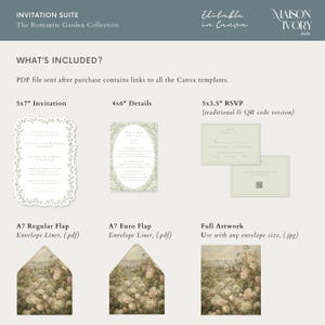 Puede incluir: Un conjunto de invitaciones de la colecci&oacute;n The Romantic Garden que incluye una invitaci&oacute;n de 5x7 pulgadas, tarjeta de detalles de 4x6 pulgadas, tarjeta RSVP de 5x3.5 pulgadas con c&oacute;digo QR, forros de sobre A7 e ilustraciones editables en Canva.