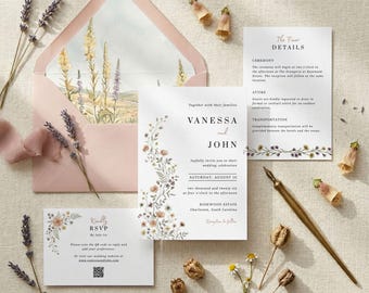 Conjunto de invitaciones de boda románticas con diseño de prado • Plantilla editable de Canva • Colección de prados de flores silvestres