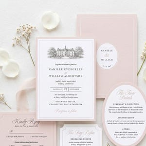 May include: A wedding invitation suite in pale pink and white. The main invitation card features a detailed illustration of a grand building. Additional cards include RSVP, rehearsal dinner, and details cards. The text reads "Wedding Invitation" and "Editable Canva Template Printable."
