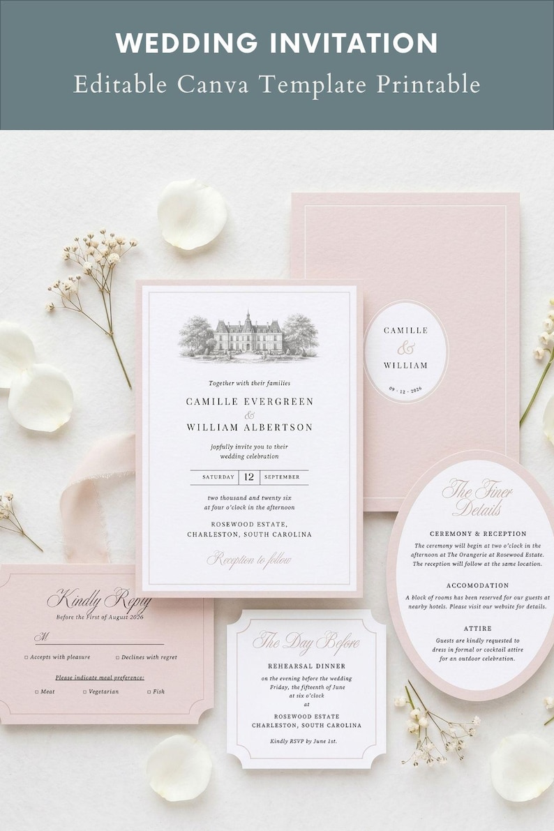 May include: A wedding invitation suite in pale pink and white. The main invitation card features a detailed illustration of a grand building. Additional cards include RSVP, rehearsal dinner, and details cards. The text reads "Wedding Invitation" and "Editable Canva Template Printable."
