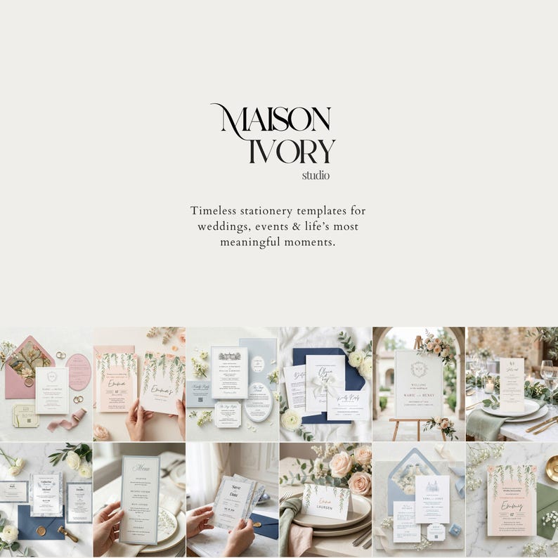 May include: A selection of wedding stationery templates, including invitations, menus, and place cards. The image showcases various designs with floral accents and elegant typography. The text "MAISON IVORY studio" and "Timeless stationery templates for weddings, events & life's most meaningful moments" are visible.