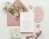 Blush Pink Crest Monogram Wedding Invitation Suite Canva Template, Vintage Elegant Heraldry Invite Set